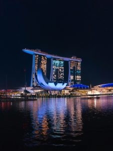 Marina Bay Sands illuminated at night overlooking Marina Bay in Singapore