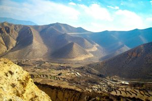 A high-angle panoramic view of the Lo Manthang valley in Upper Mustang, Nepal, featuring a traditional stone village, terraced farmland, and winding mountain roads set against arid, rolling hills.
