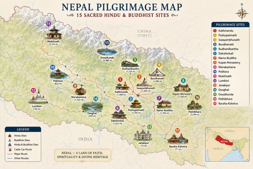 Illustrated map of Nepal highlighting 15 sacred Hindu and Buddhist pilgrimage sites, including Pashupatinath, Muktinath, Lumbini, Janakpur, Boudhanath, Swayambhunath, Manakamana, Gosaikunda, and other major spiritual destinations.