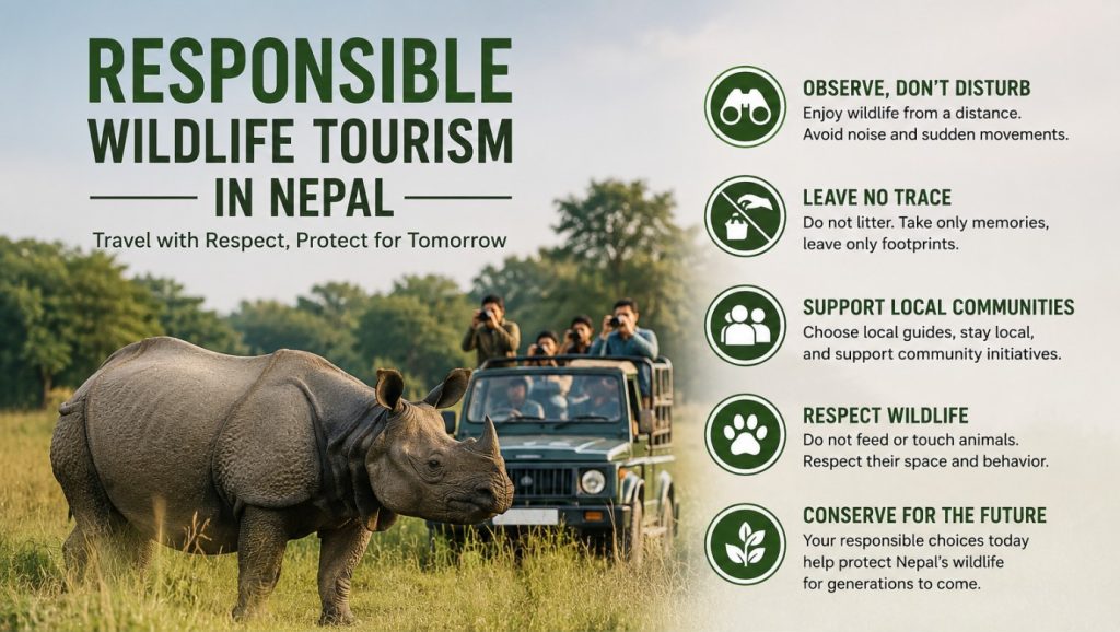 Infographic about responsible wildlife tourism in Nepal featuring a one-horned rhino and a safari jeep with tourists.
