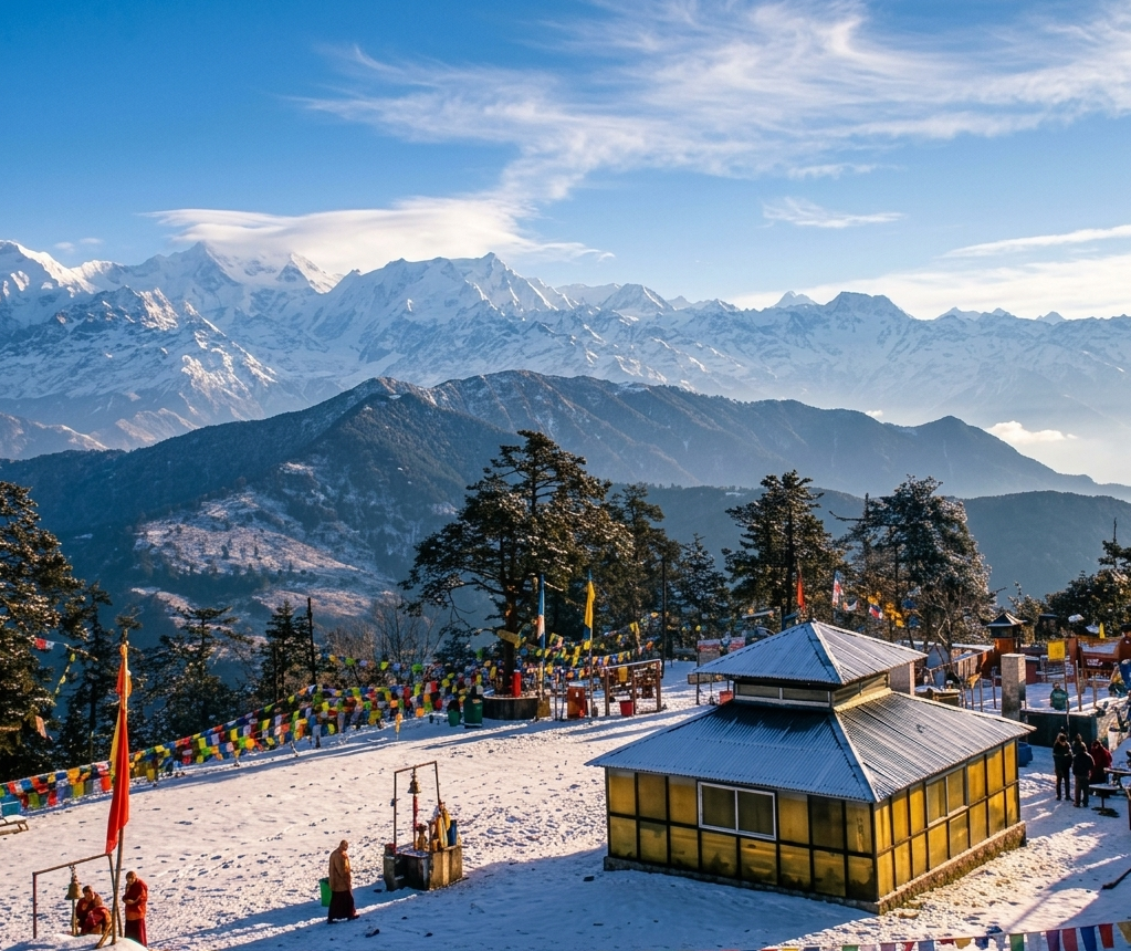 Snow-covered Pathibhara Devi Temple courtyard in Nepal with prayer flags and Himalayan mountains.