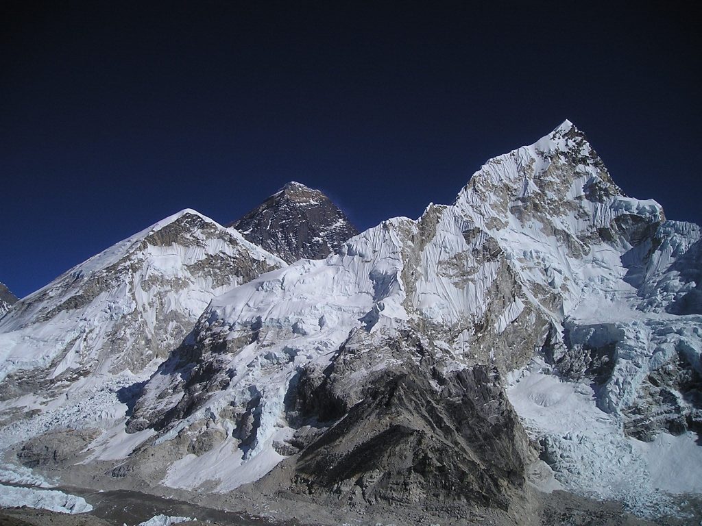  Snow-capped south face of Mount Everest and the dramatic Nuptse ridge as seen from the vantage point of Kala Patthar during an Everest Base Camp trek.