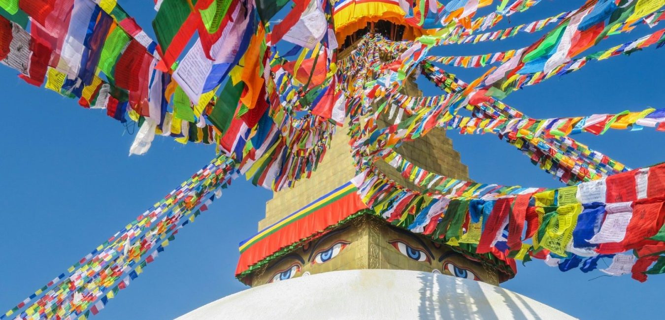 Swayambhunath with prayer fllags fluttering on a wonderful afternoon